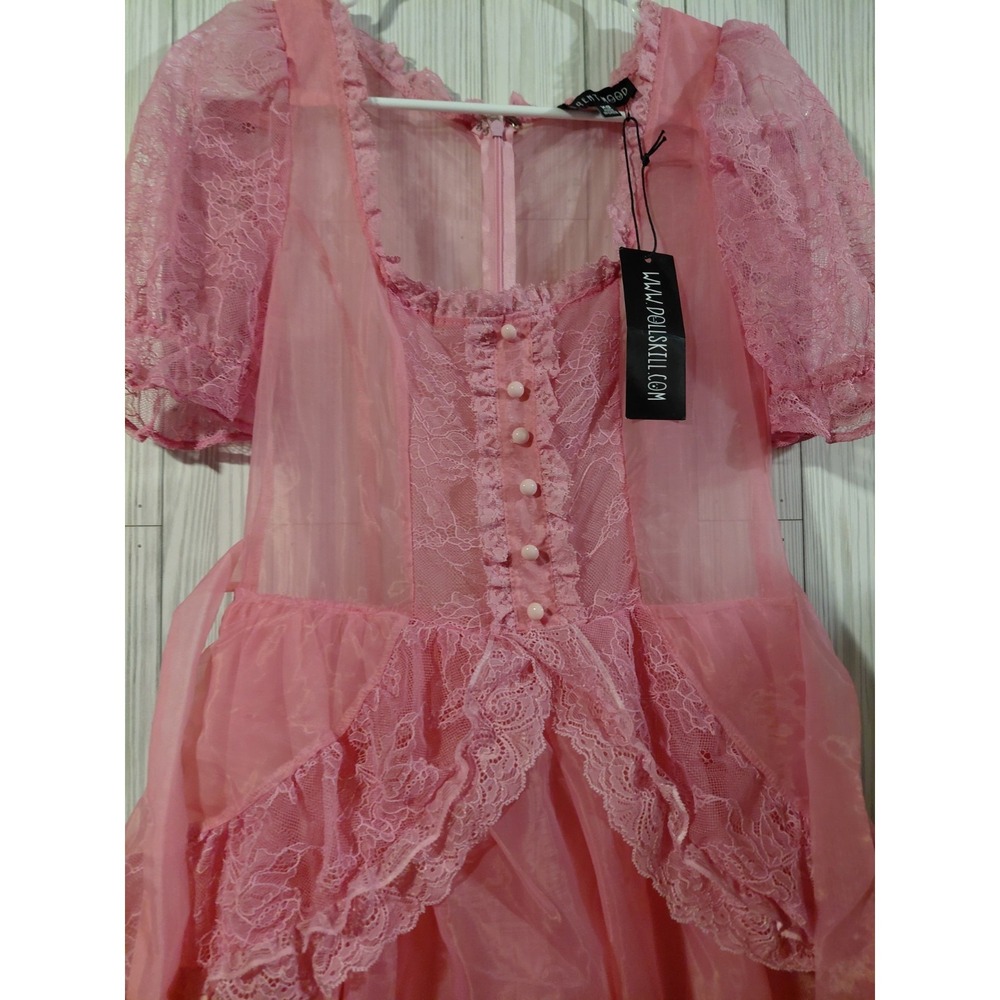Dolls Kill Sugar Thrillz Pink Sheer Organza Tiered Lace Ruffle Maxi Dress NEW XS - Picture 4 of 13